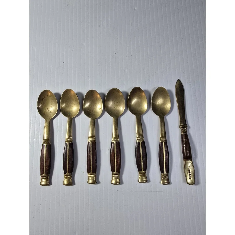 6 Thailand Brass/ Bronze Tea spoons  with Teak Handle And Matching Letter Opener